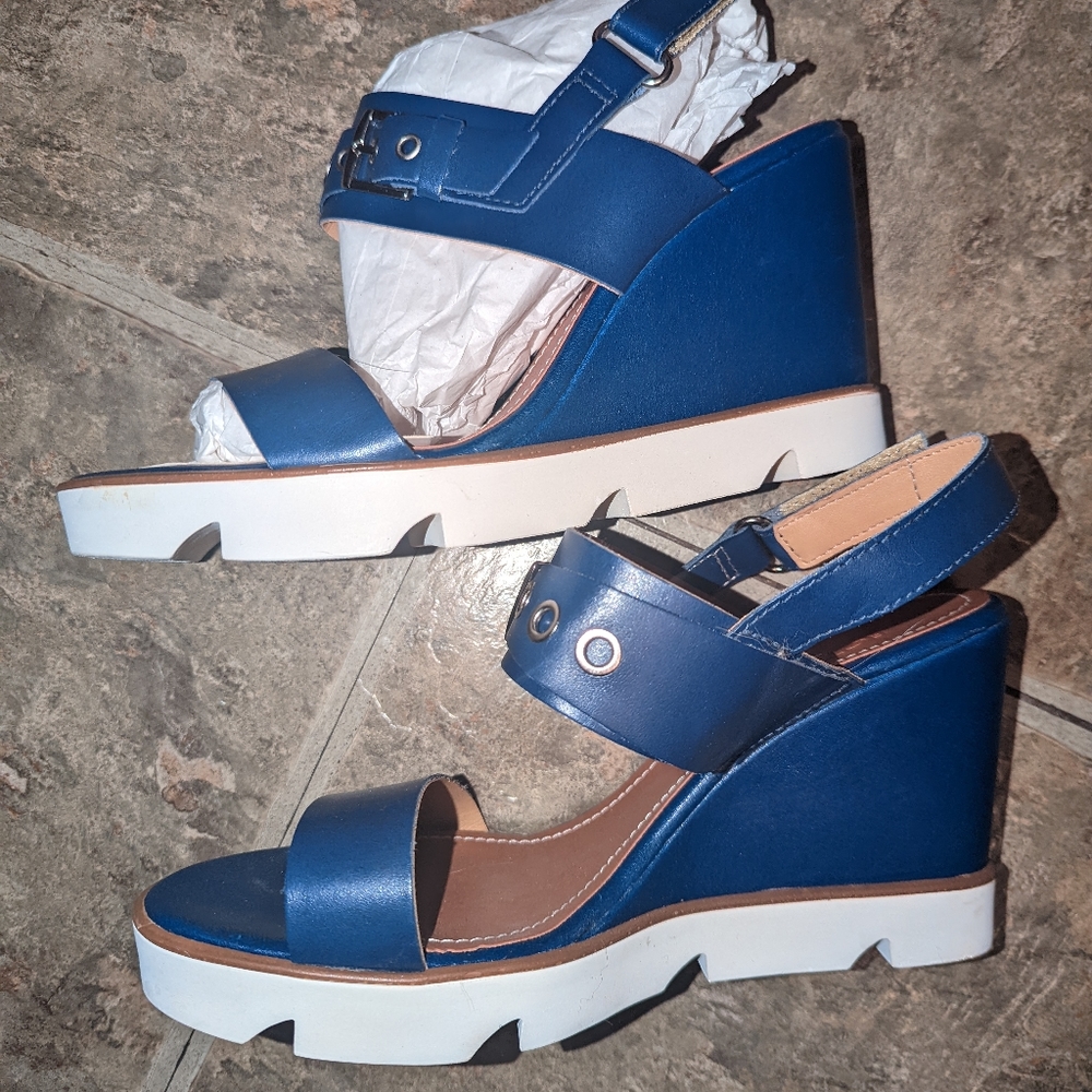 Blue Leather Wedge Sandals